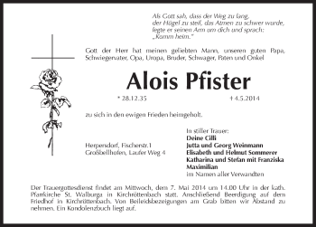 Traueranzeige von Alois Pfister von Pegnitz-Zeitung